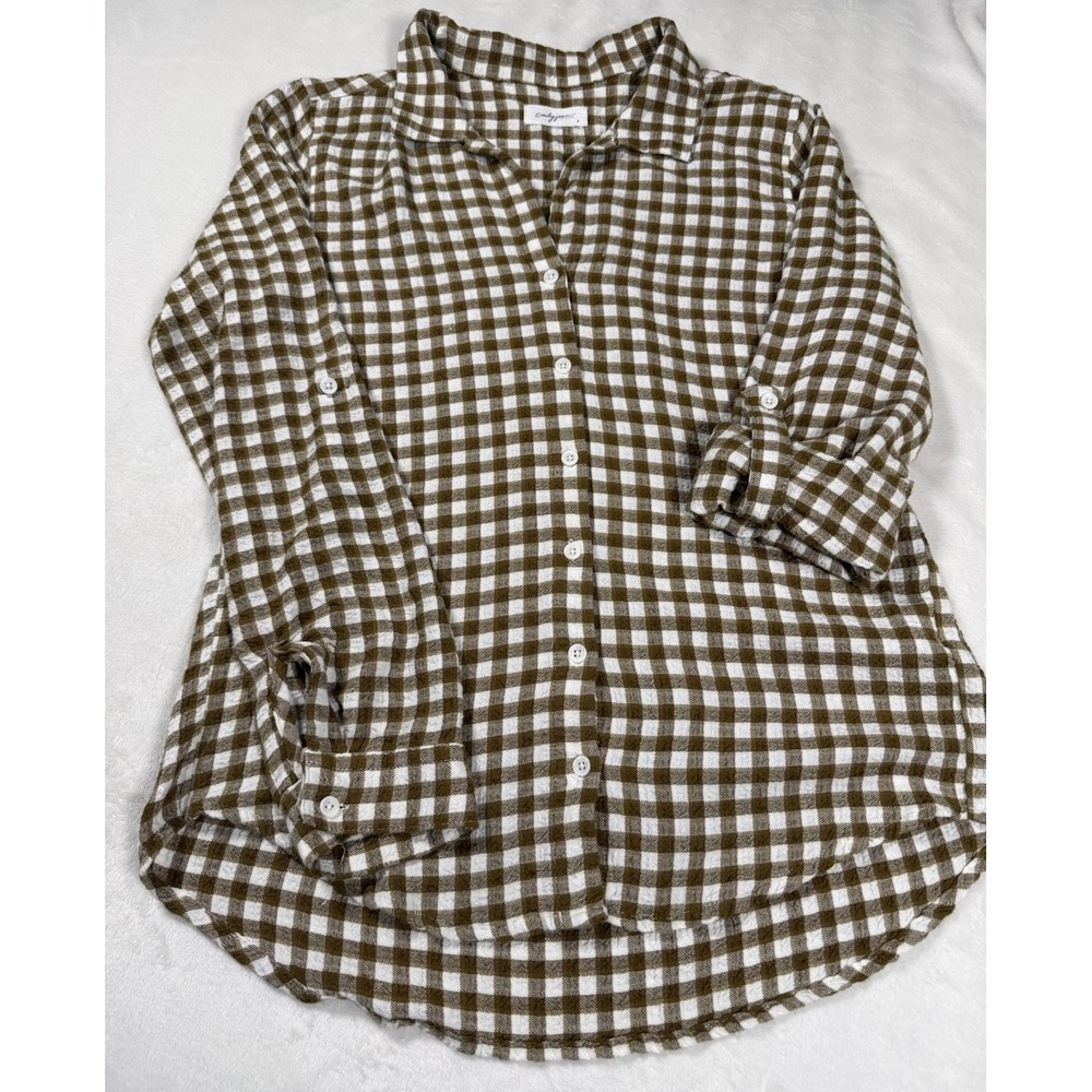 Carly Jean LA Gingham Button Down Shirt Small Brown White Oversized Top